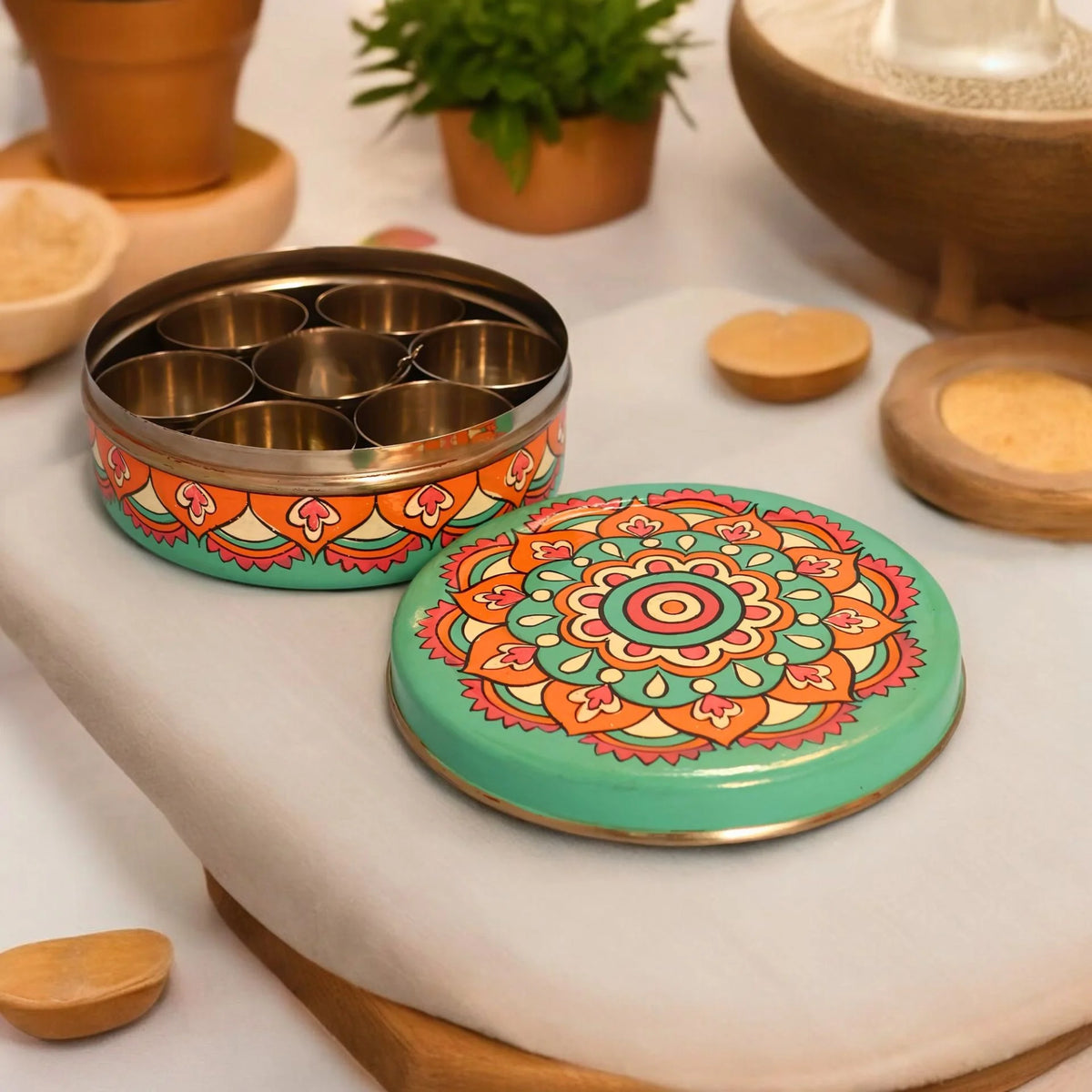 Hand Painted Spice Box With 7 Compartments- Beautiful Rangoli Design ...