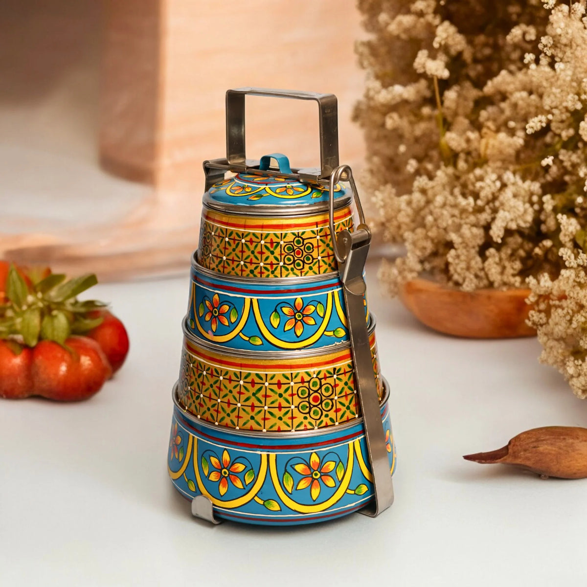 Hand Painted Tiffin Box With 4 Compartments– Shri-badri
